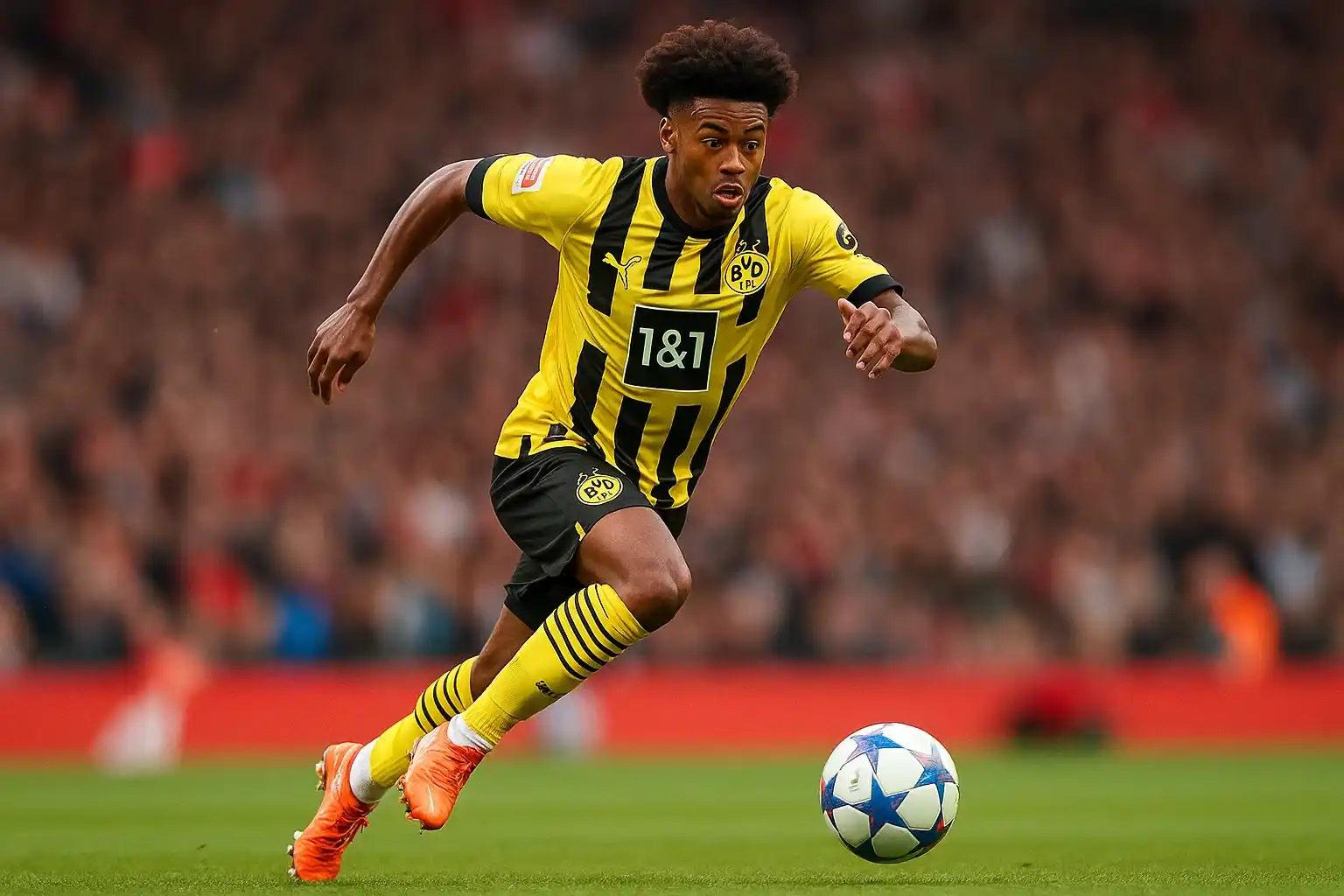 Jamie Gittens với kỹ thuật điêu luyện và tốc độ vượt trội trên sân cỏ.